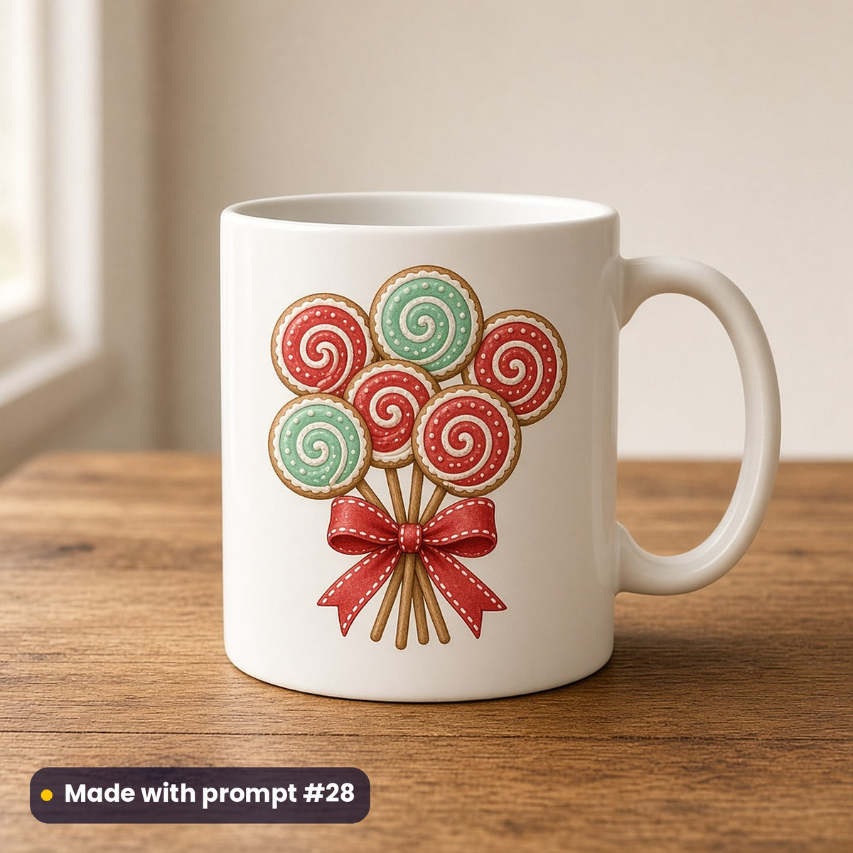 Gingerbread Village artwork on a UV-printed ceramic mug: lollipop bunch, made with prompt #28 from this pack