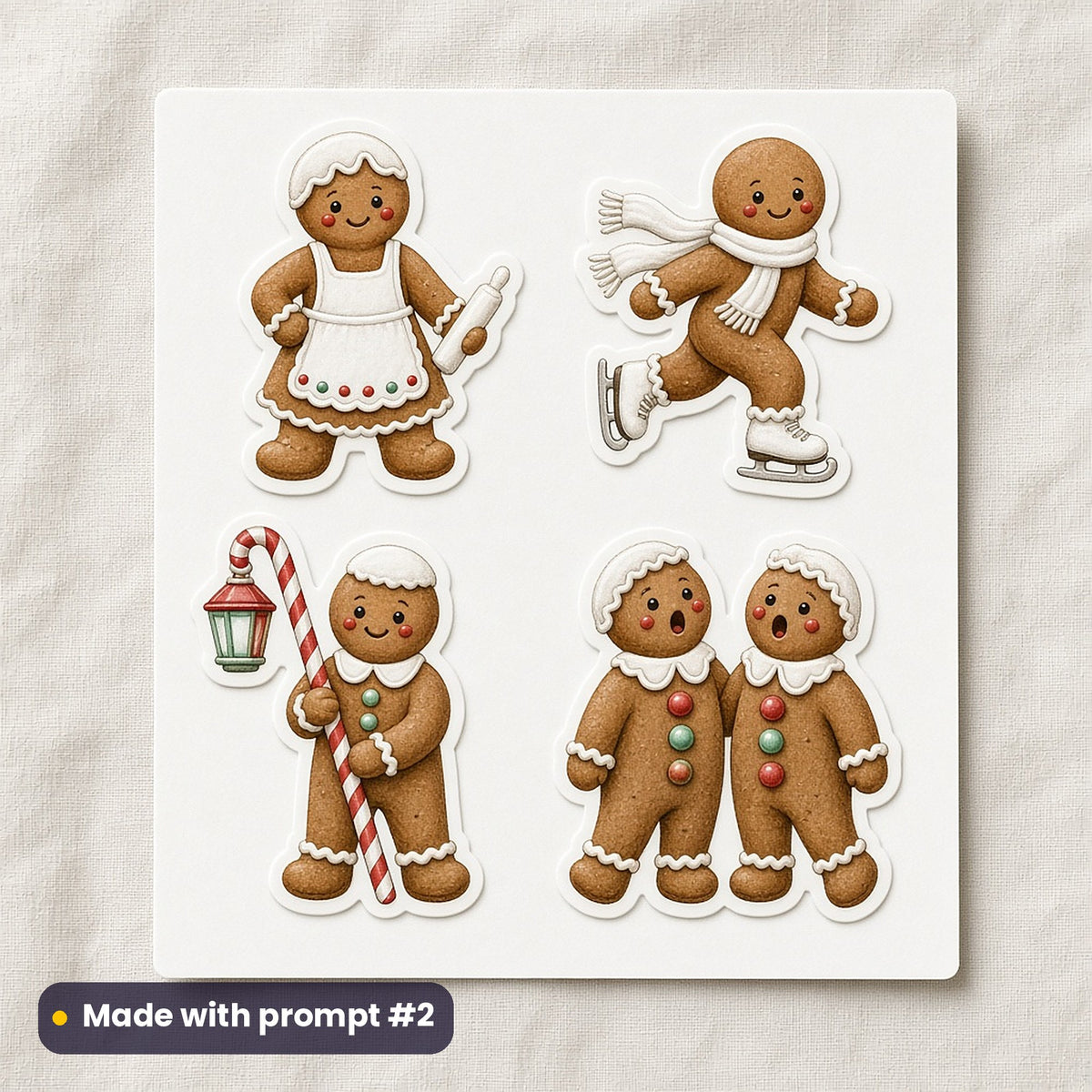 Gingerbread Village artwork on a die-cut vinyl sticker sheet: a sheet of four assets from page p02: village folk, made with prompt #2 from this pack
