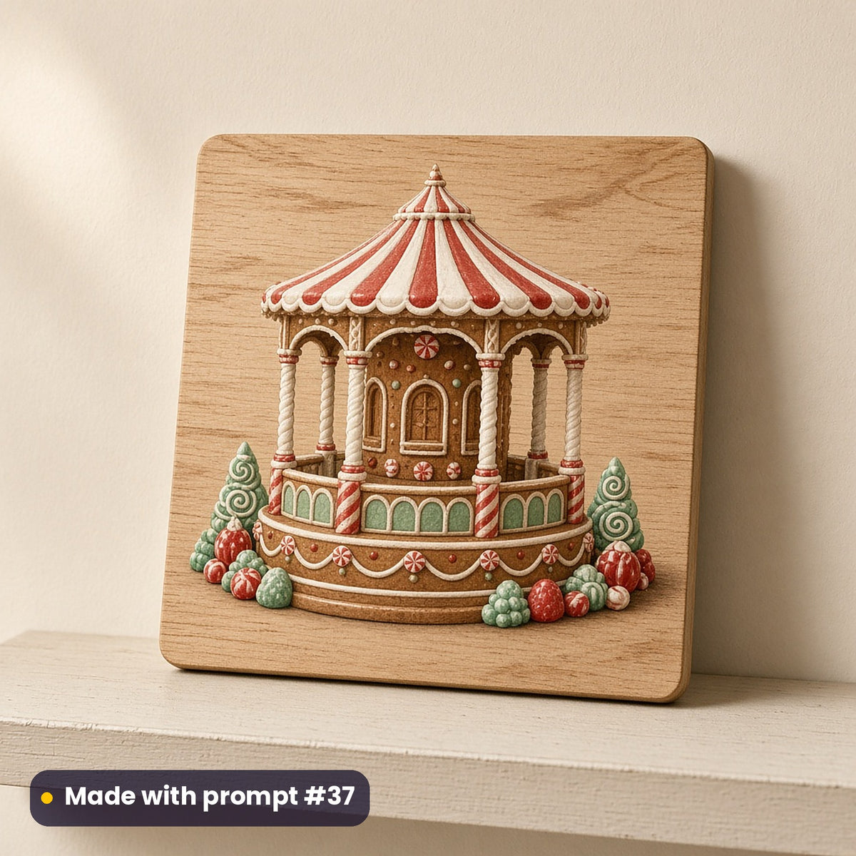 Gingerbread Village artwork on a UV-printed wooden plaque: gingerbread bandstand, made with prompt #37 from this pack