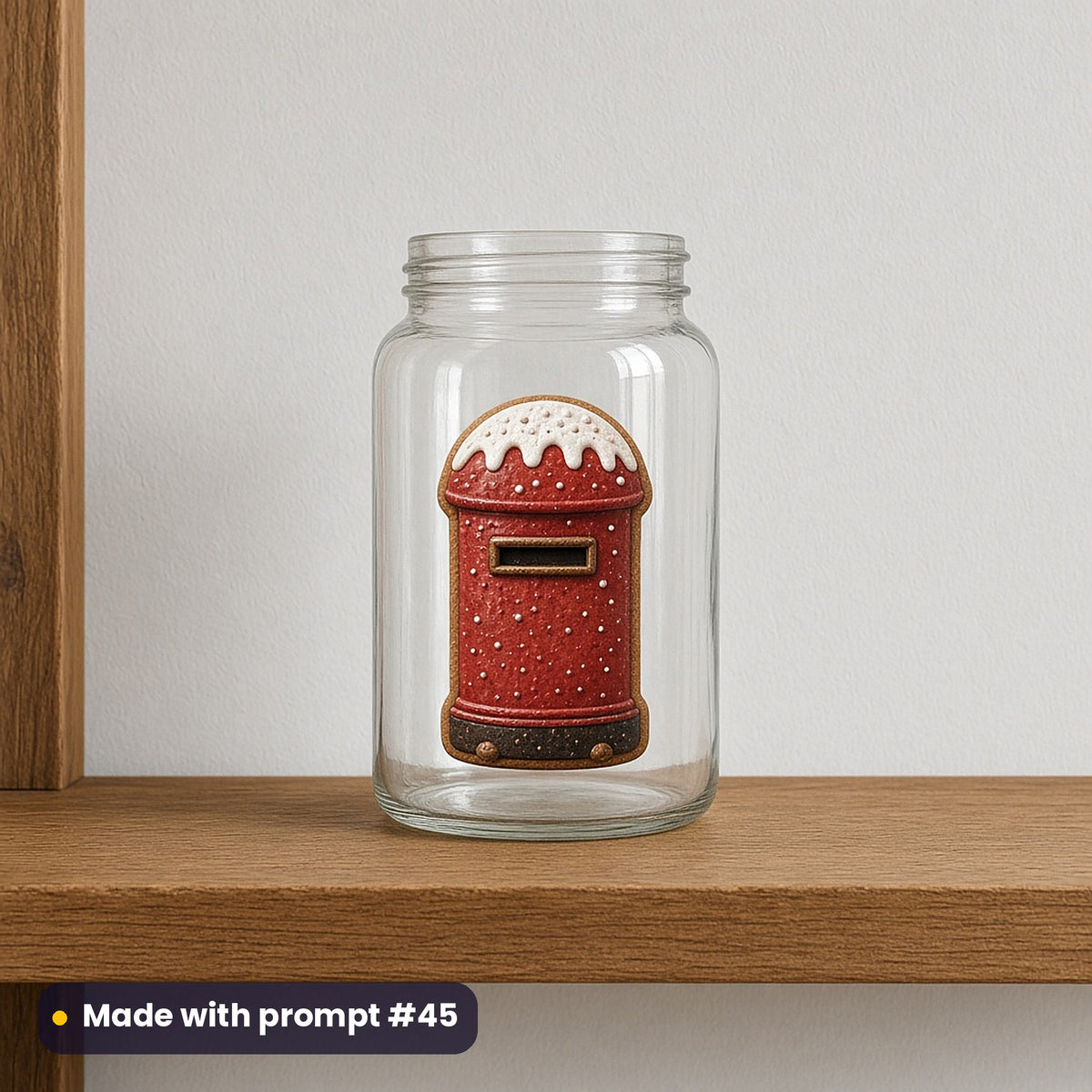 Gingerbread Village artwork on a UV DTF decal on a glass jar: gingerbread post box, made with prompt #45 from this pack