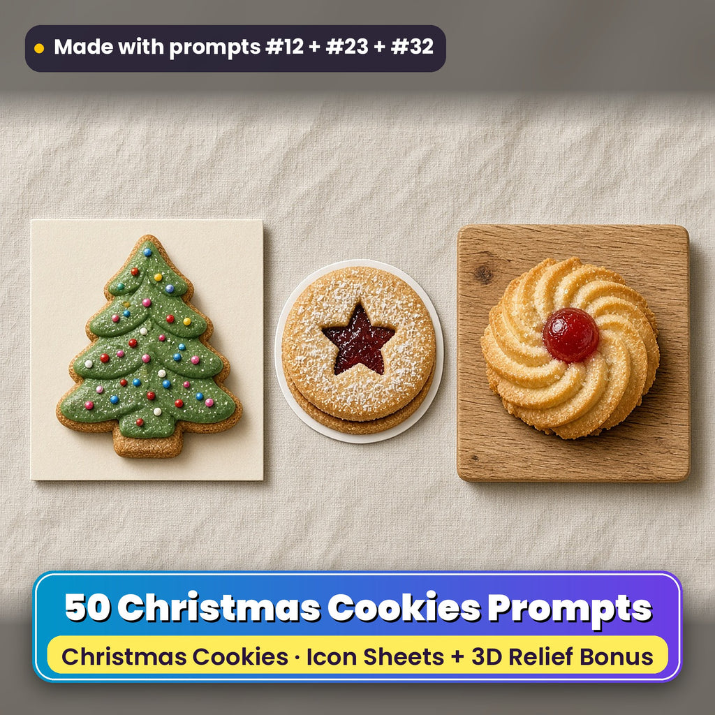 Christmas Cookies Icon Sheet Prompts: 50 prompts + 3D Relief bonus, with a printed greeting card, sticker and wooden plaque made with prompts #12, #23 and #32