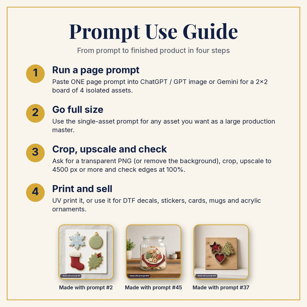 Prompt Use Guide: run a page prompt, go full size, crop and upscale, then print and sell, with products made with prompts #2, #45 and #37