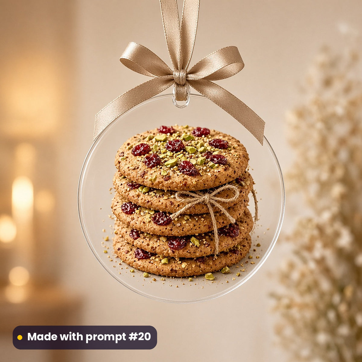 Christmas Cookies artwork on a UV-printed clear acrylic ornament: spiced biscuit stack, made with prompt #20 from this pack
