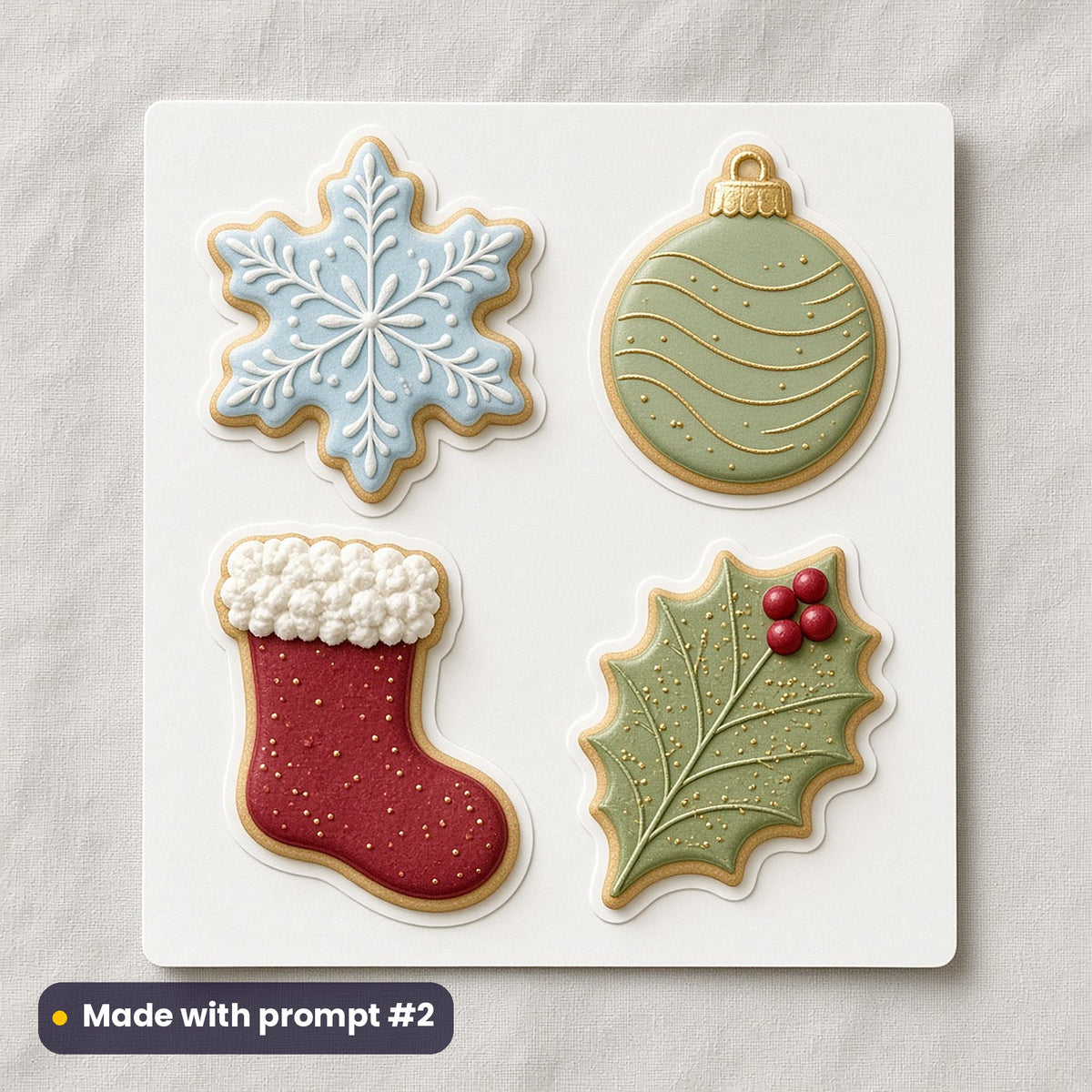 Christmas Cookies artwork on a die-cut vinyl sticker sheet: a sheet of four assets from page p02: shaped biscuits, made with prompt #2 from this pack