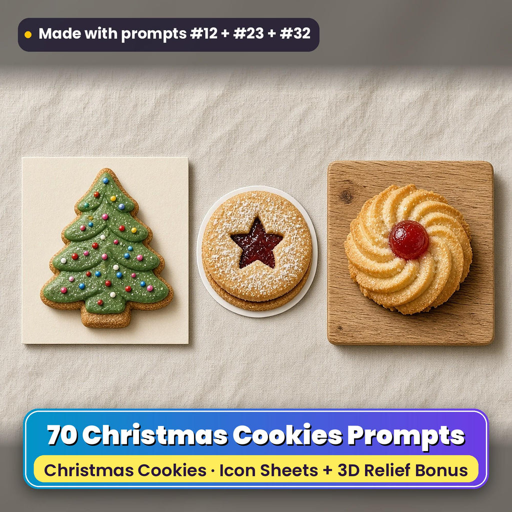 Christmas Cookies Icon Sheet Prompts: 70 prompts + 3D Relief bonus, with a printed greeting card, sticker and wooden plaque made with prompts #12, #23 and #32