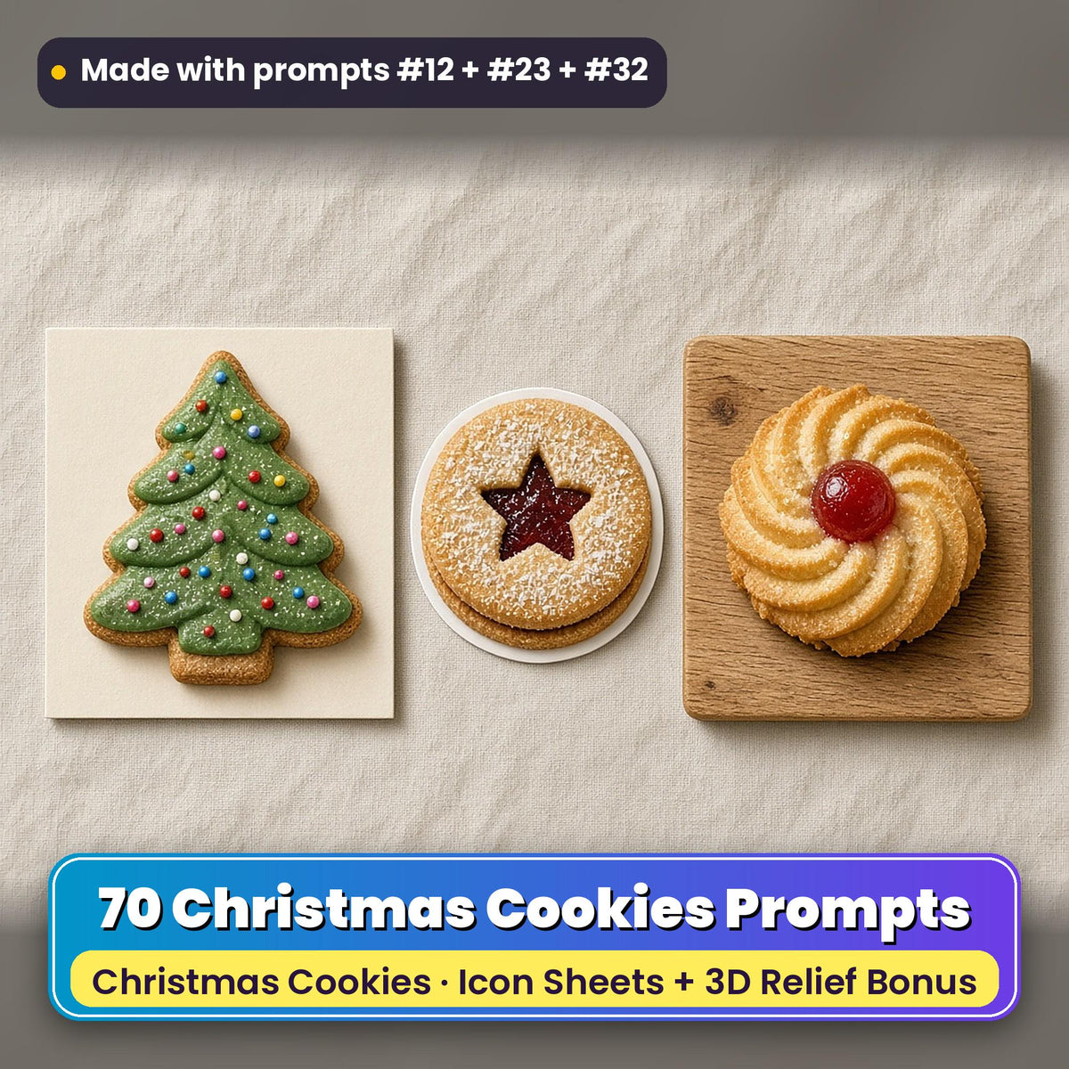 Christmas Cookies Icon Sheet Prompts: 70 prompts + 3D Relief bonus, with a printed greeting card, sticker and wooden plaque made with prompts #12, #23 and #32