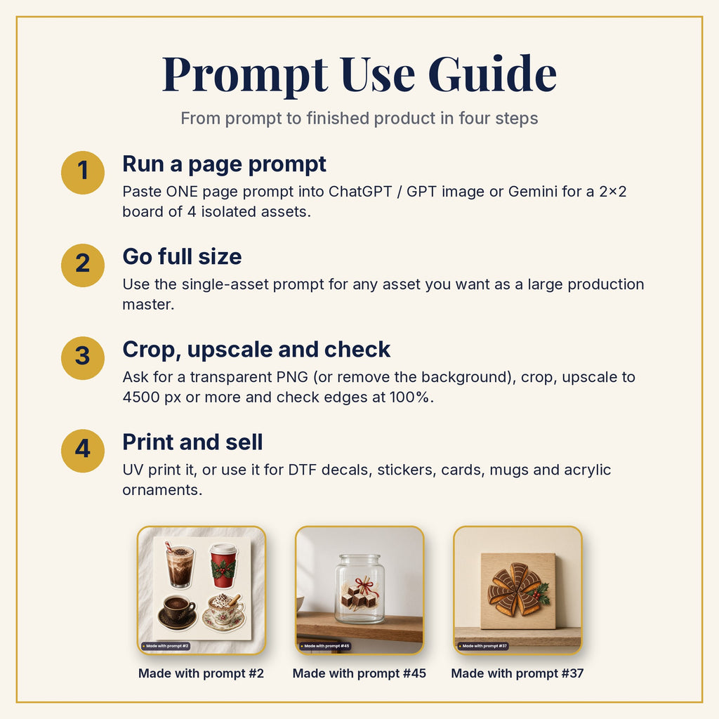 Prompt Use Guide: run a page prompt, go full size, crop and upscale, then print and sell, with products made with prompts #2, #45 and #37