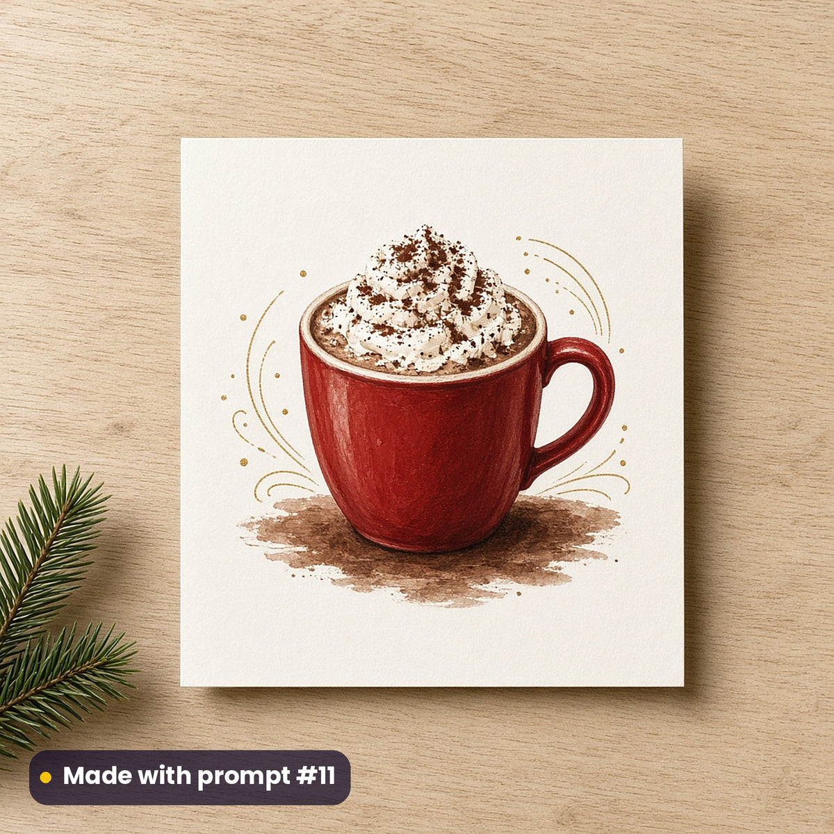 Hot Chocolate Christmas artwork on a flat-printed greeting card: classic cocoa mug, made with prompt #11 from this pack
