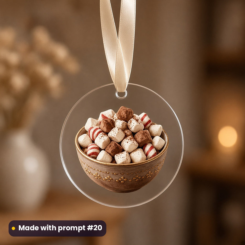 Hot Chocolate Christmas artwork on a UV-printed clear acrylic ornament: marshmallow scatter, made with prompt #20 from this pack