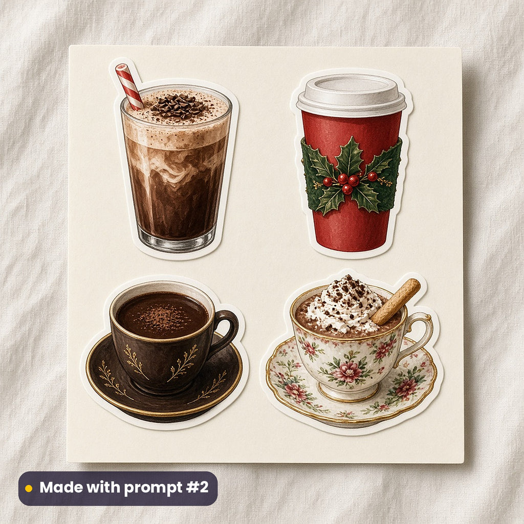 Hot Chocolate Christmas artwork on a die-cut vinyl sticker sheet: a sheet of four assets from page p02: café cups, made with prompt #2 from this pack