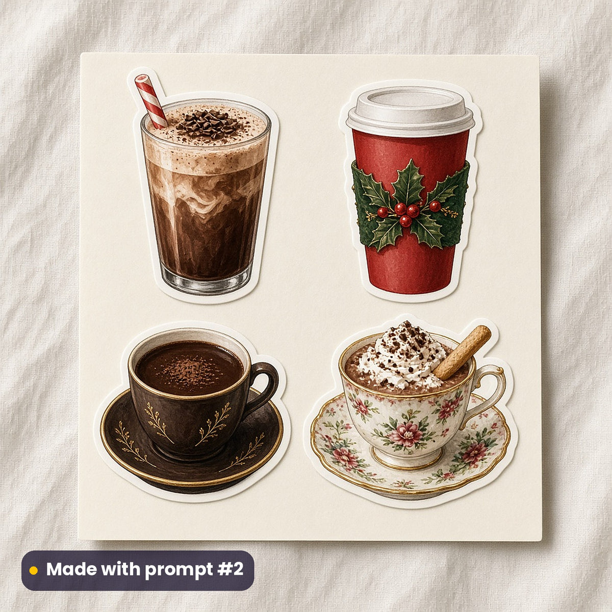 Hot Chocolate Christmas artwork on a die-cut vinyl sticker sheet: a sheet of four assets from page p02: café cups, made with prompt #2 from this pack