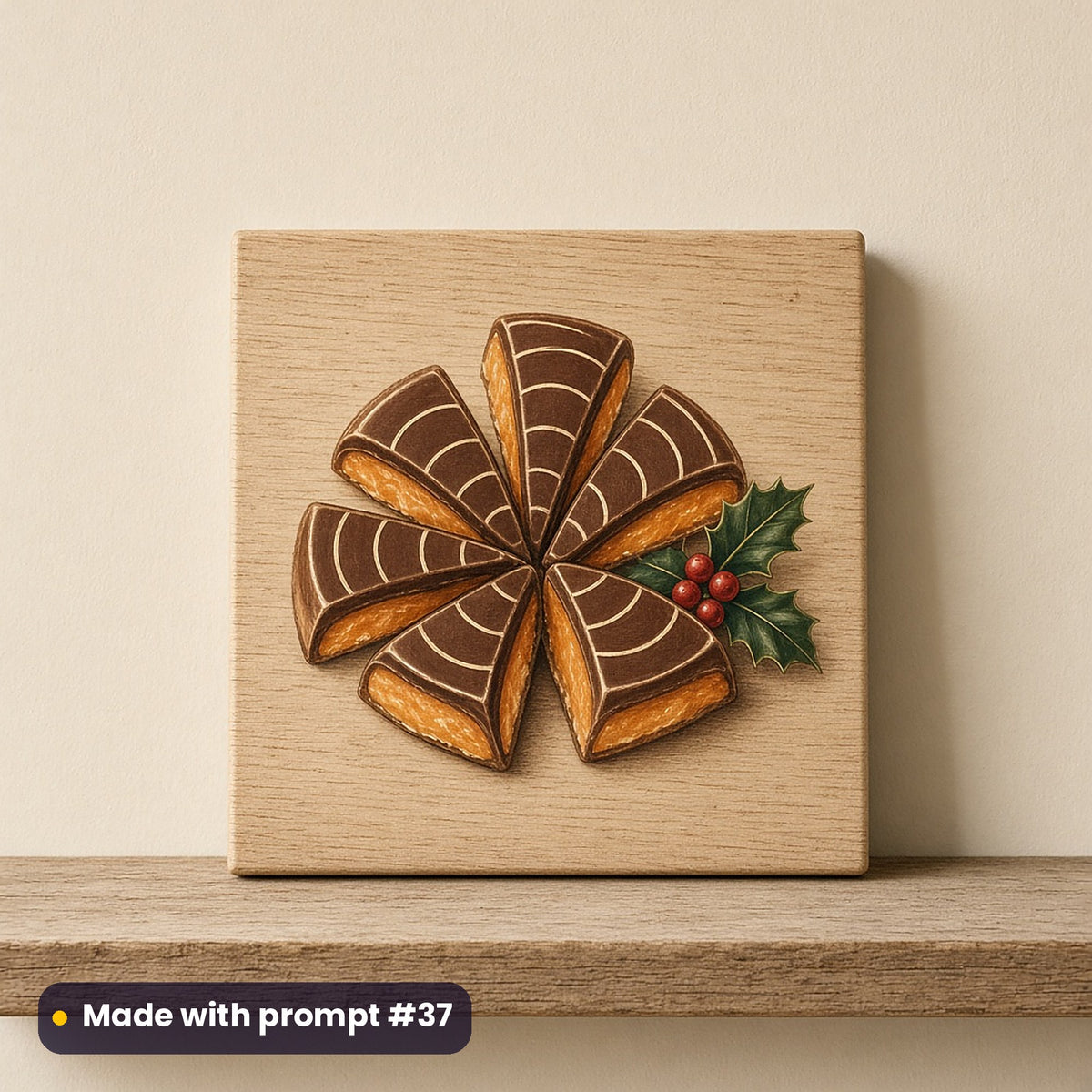 Hot Chocolate Christmas artwork on a UV-printed wooden plaque: chocolate orange segment, made with prompt #37 from this pack