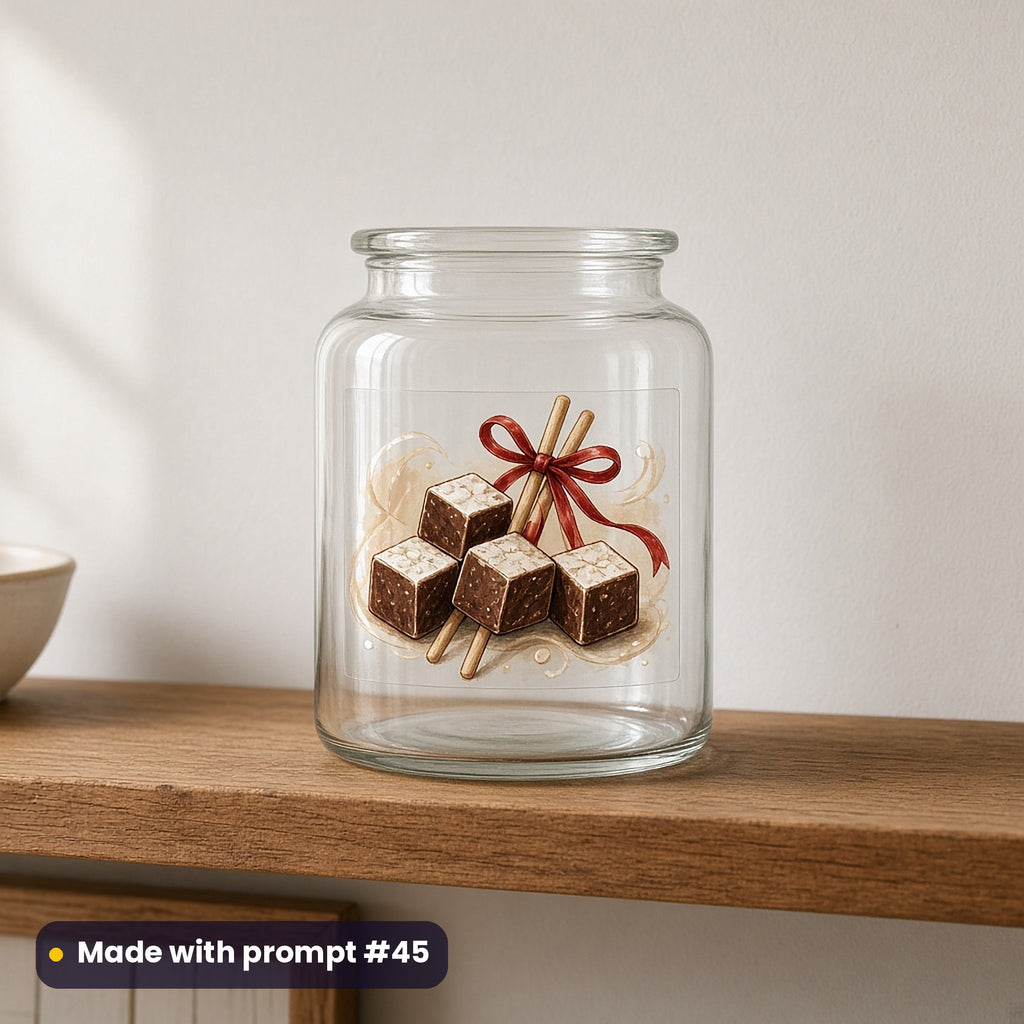 Hot Chocolate Christmas artwork on a UV DTF decal on a glass jar: cocoa stirrer sticks, made with prompt #45 from this pack