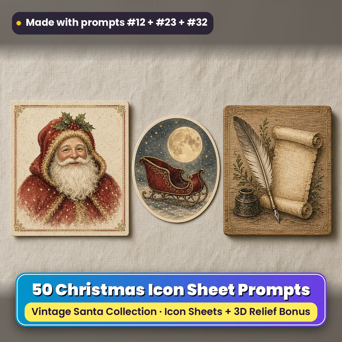 Vintage Santa Christmas Icon Sheet Prompts: 50 prompts + 3D Relief bonus, with a printed greeting card, sticker and wooden plaque made with prompts #12, #23 and #32