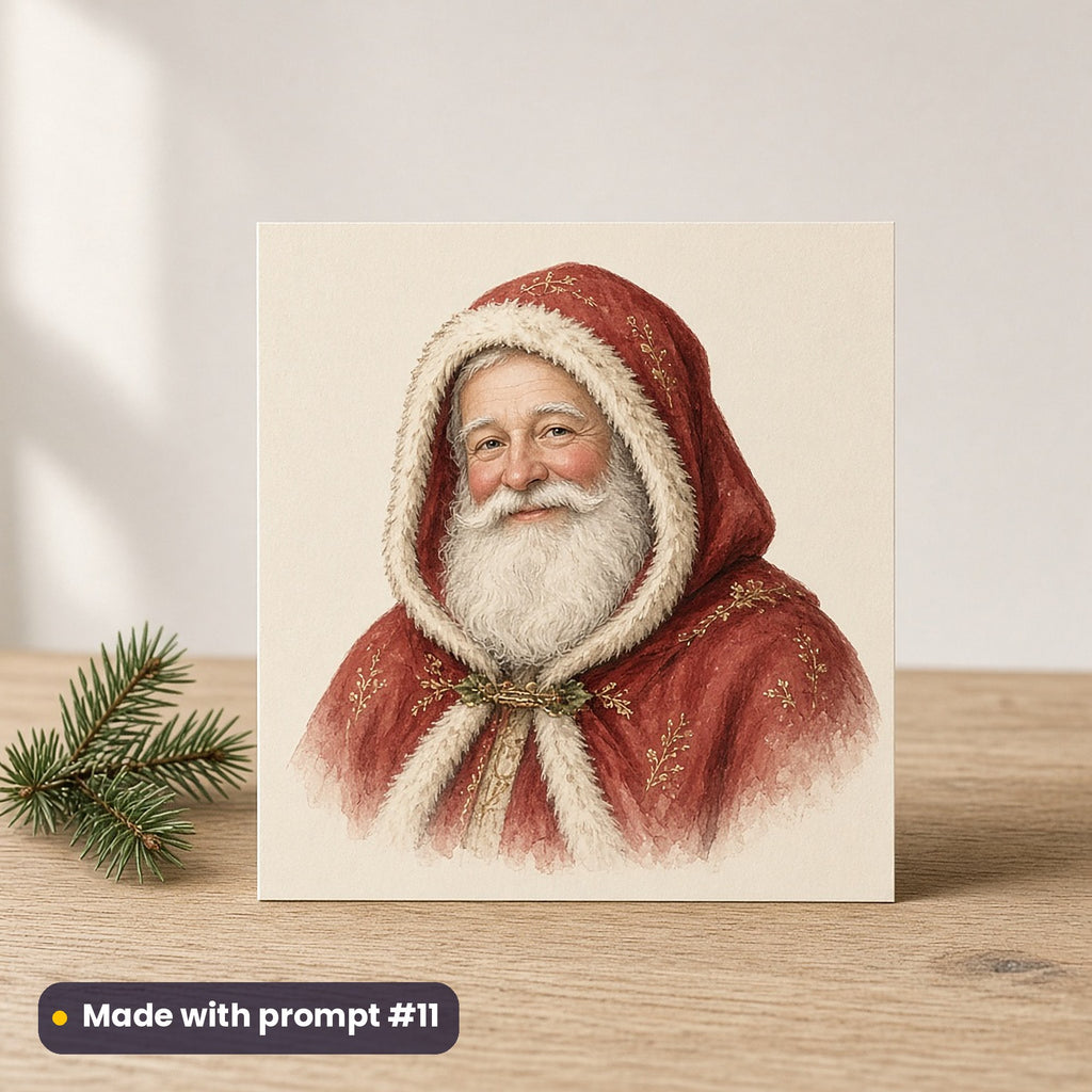 Vintage Santa Collection artwork on a flat-printed greeting card: vintage father christmas portrait, made with prompt #11 from this pack