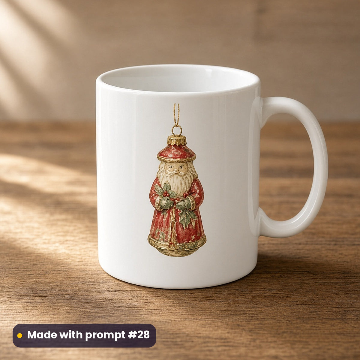 Vintage Santa Collection artwork on a UV-printed ceramic mug: glass father christmas ornament, made with prompt #28 from this pack