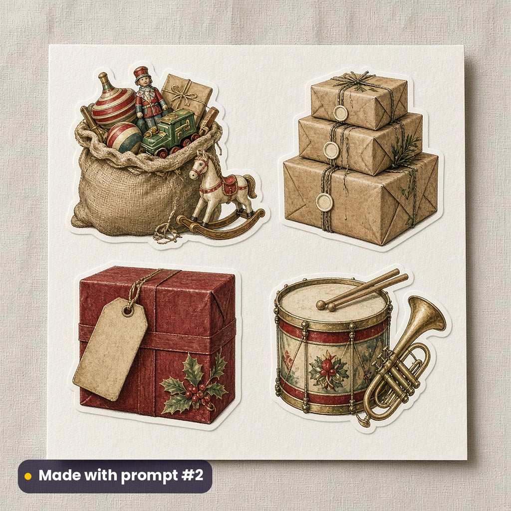 Vintage Santa Collection artwork on a die-cut vinyl sticker sheet: a sheet of four assets from page p02: sacks and parcels, made with prompt #2 from this pack