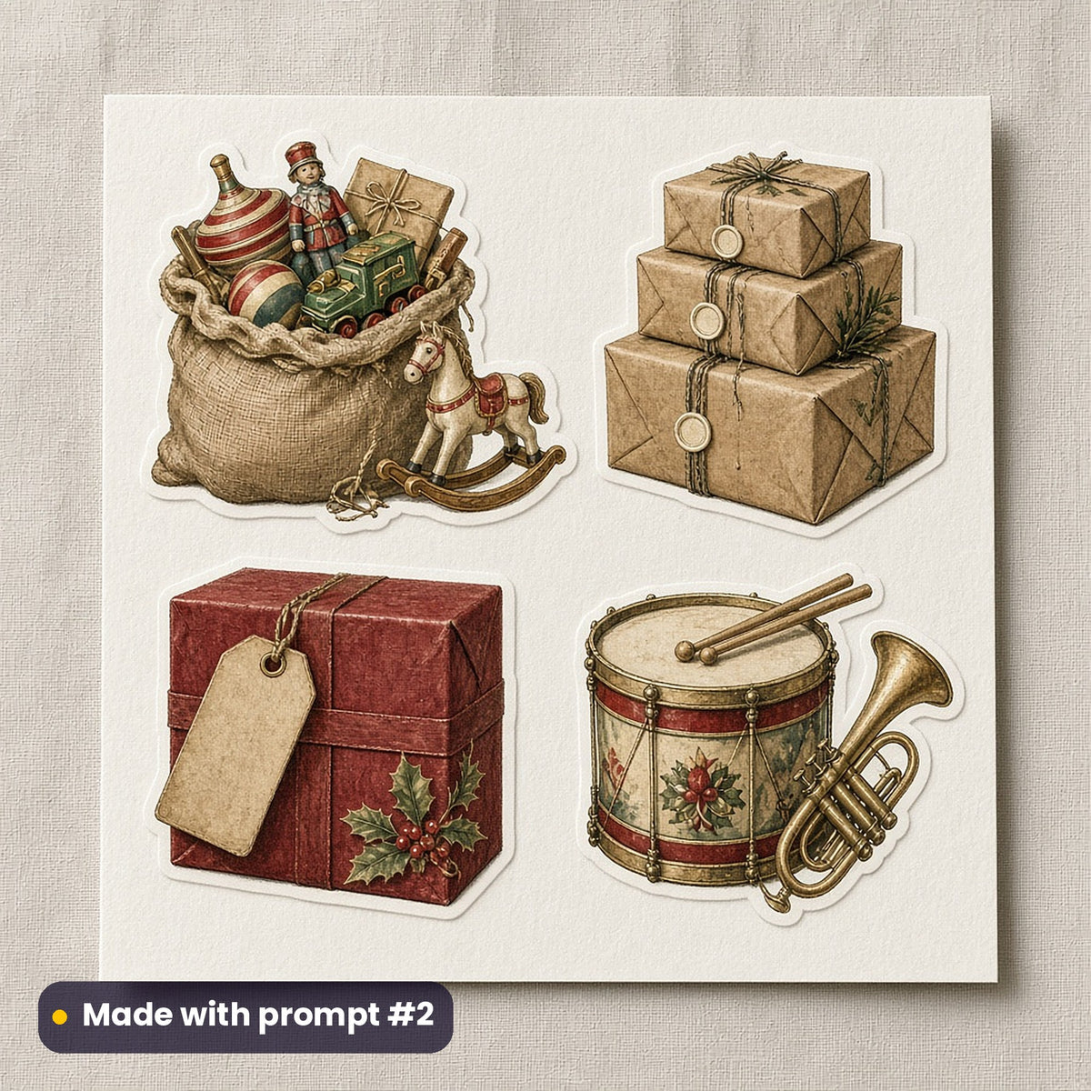 Vintage Santa Collection artwork on a die-cut vinyl sticker sheet: a sheet of four assets from page p02: sacks and parcels, made with prompt #2 from this pack