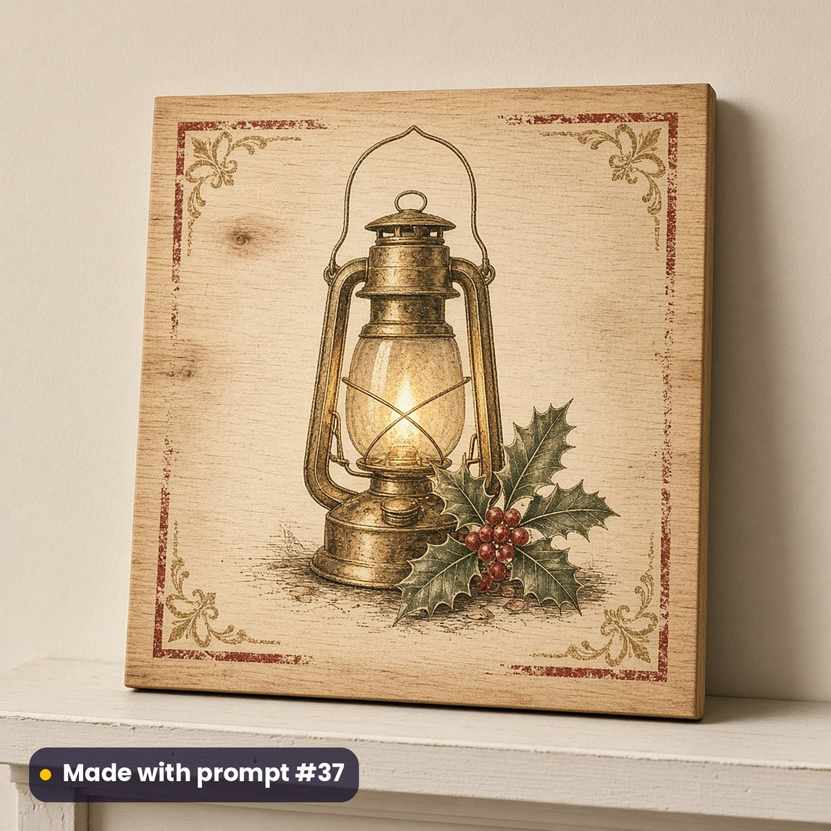 Vintage Santa Collection artwork on a UV-printed wooden plaque: vintage lantern, made with prompt #37 from this pack