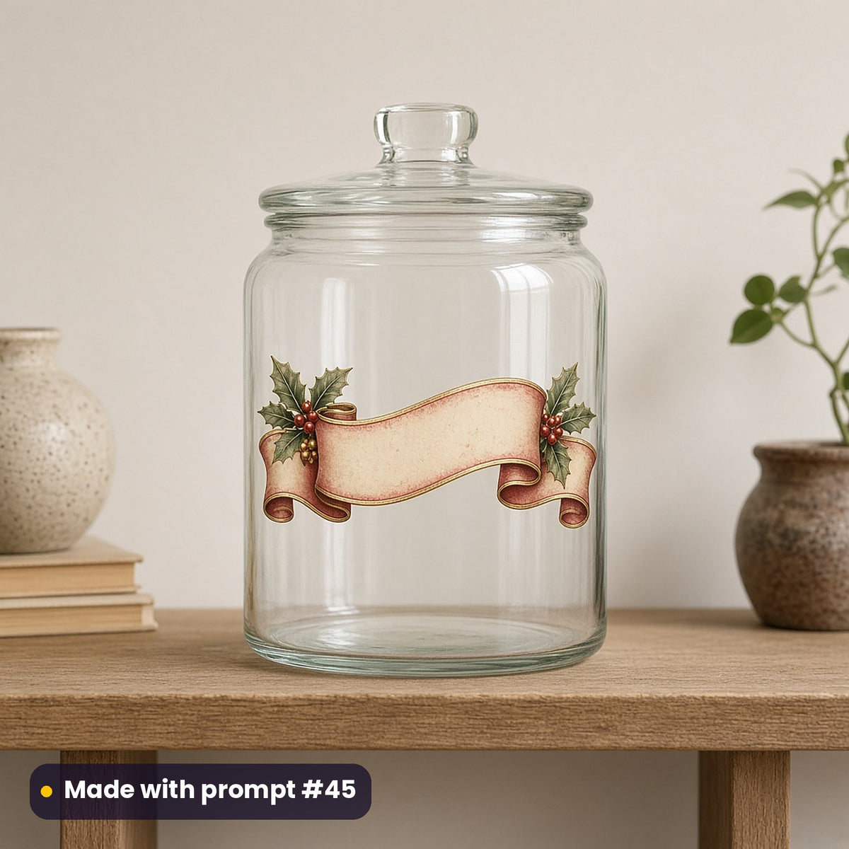 Vintage Santa Collection artwork on a UV DTF decal on a glass jar: vintage ribbon banner, made with prompt #45 from this pack