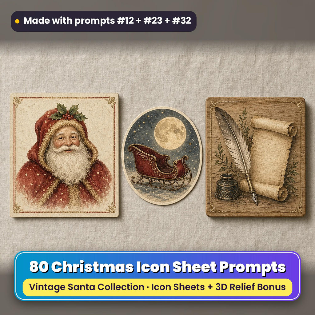 Vintage Santa Christmas Icon Sheet Prompts: 80 prompts + 3D Relief bonus, with a printed greeting card, sticker and wooden plaque made with prompts #12, #23 and #32