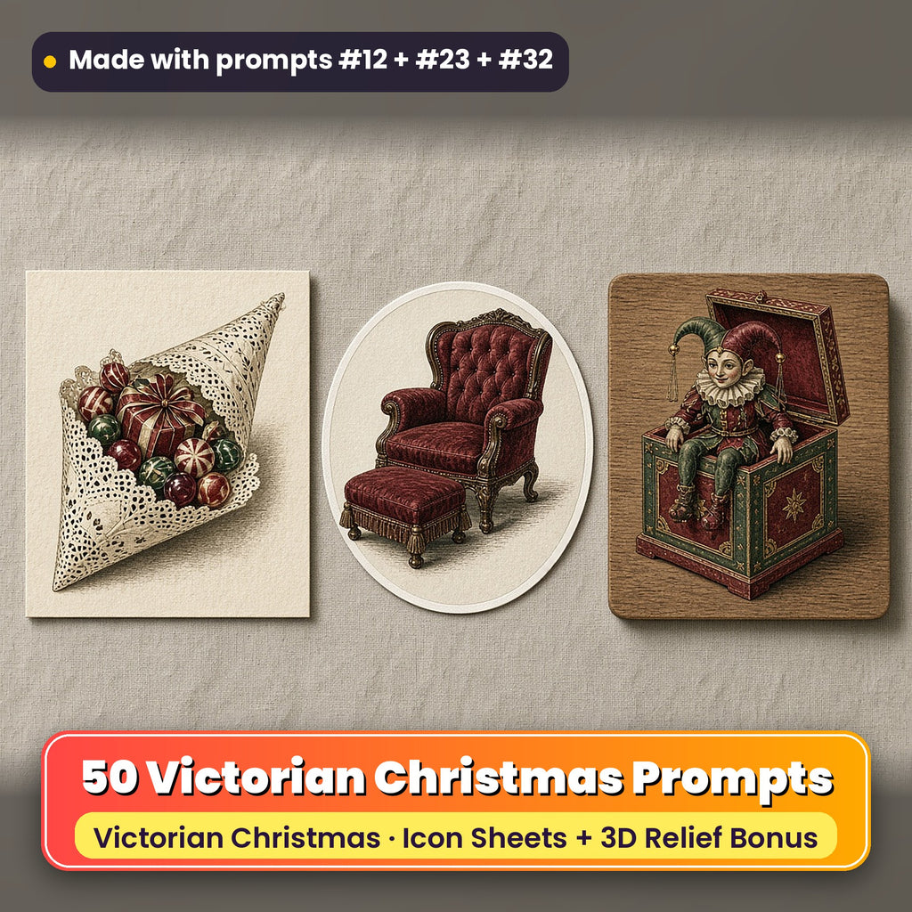 Victorian Christmas Icon Sheet Prompts: 50 prompts + 3D Relief bonus, with a printed greeting card, sticker and wooden plaque made with prompts #12, #23 and #32