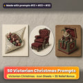 Victorian Christmas Icon Sheet Prompts: 50 prompts + 3D Relief bonus, with a printed greeting card, sticker and wooden plaque made with prompts #12, #23 and #32