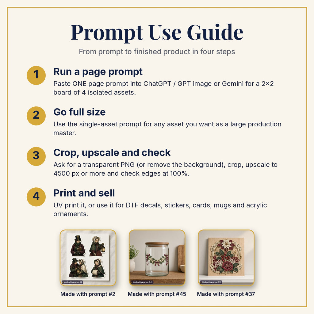 Prompt Use Guide: run a page prompt, go full size, crop and upscale, then print and sell, with products made with prompts #2, #45 and #37