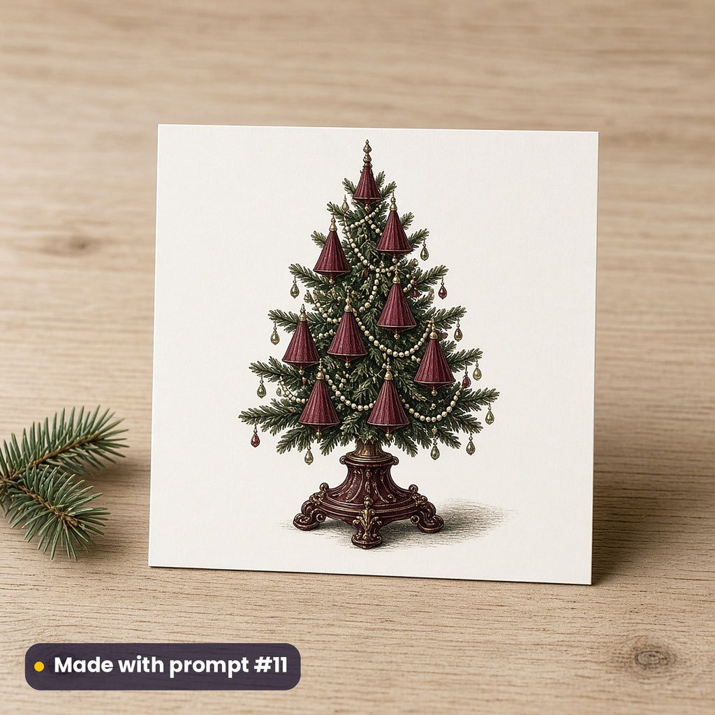 Victorian Christmas artwork on a flat-printed greeting card: victorian tabletop tree, made with prompt #11 from this pack