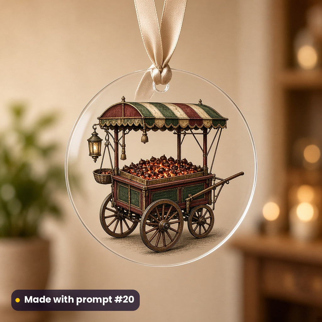 Victorian Christmas artwork on a UV-printed clear acrylic ornament: chestnut seller cart, made with prompt #20 from this pack