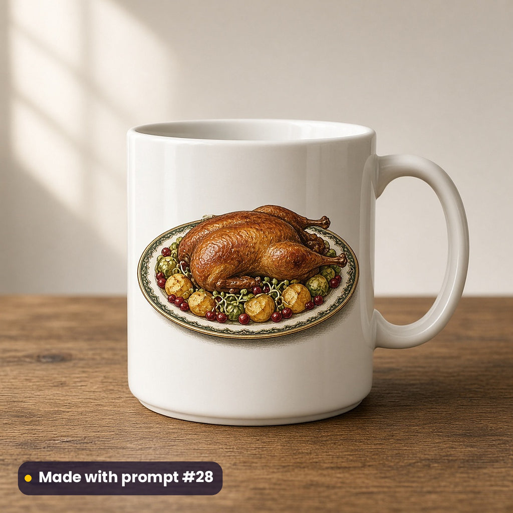 Victorian Christmas artwork on a UV-printed ceramic mug: roast goose platter, made with prompt #28 from this pack