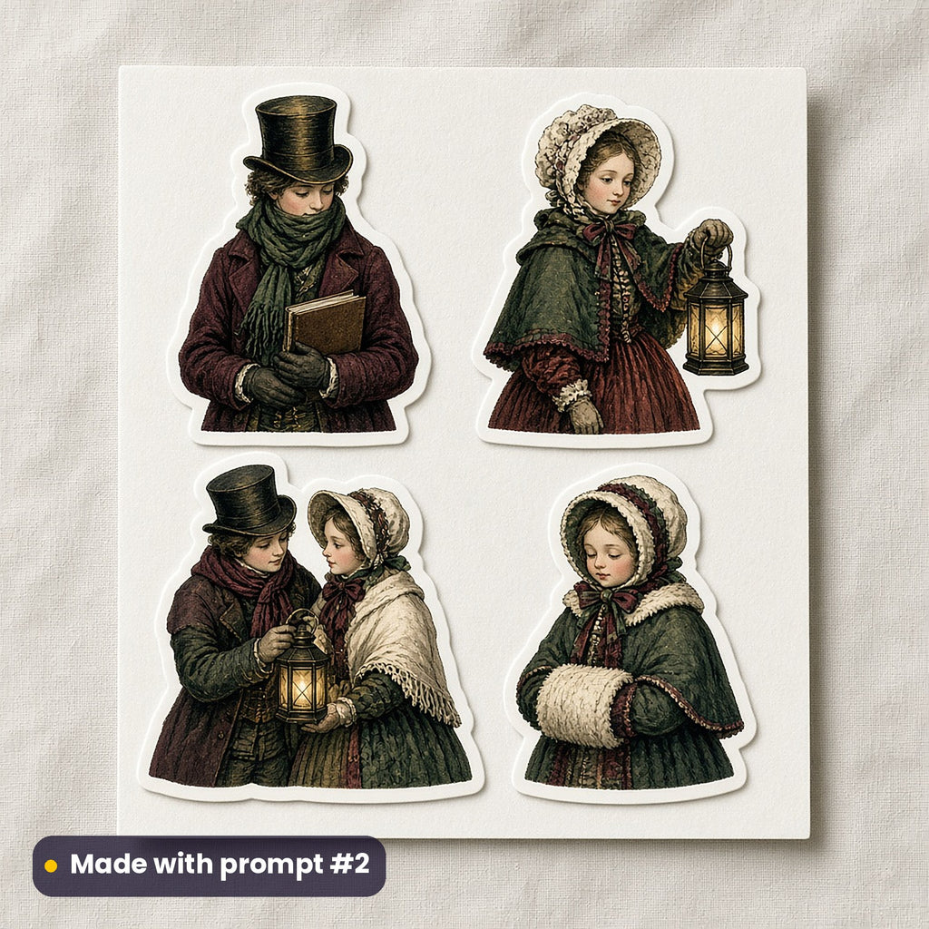Victorian Christmas artwork on a die-cut vinyl sticker sheet: a sheet of four assets from page p02: carollers, made with prompt #2 from this pack