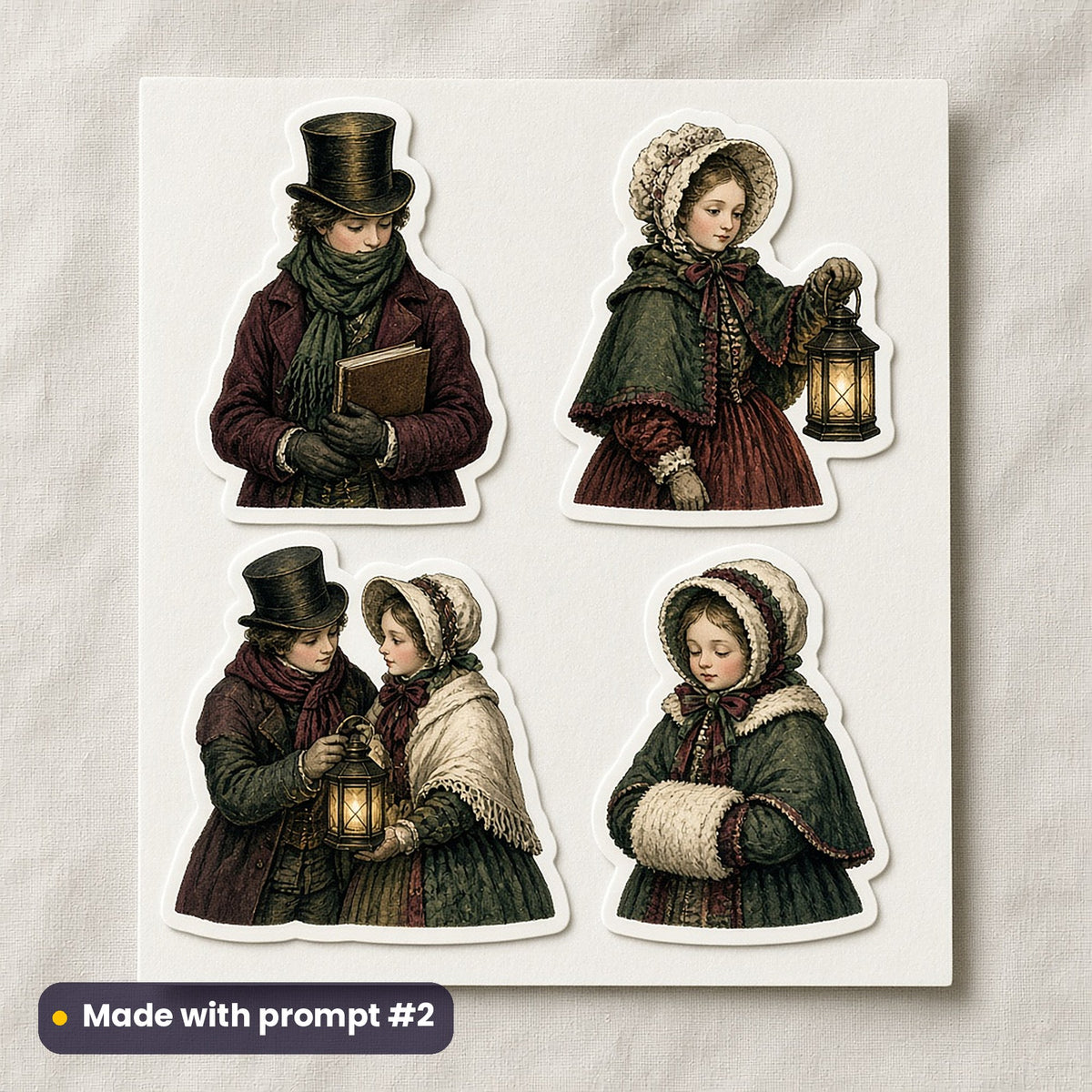 Victorian Christmas artwork on a die-cut vinyl sticker sheet: a sheet of four assets from page p02: carollers, made with prompt #2 from this pack
