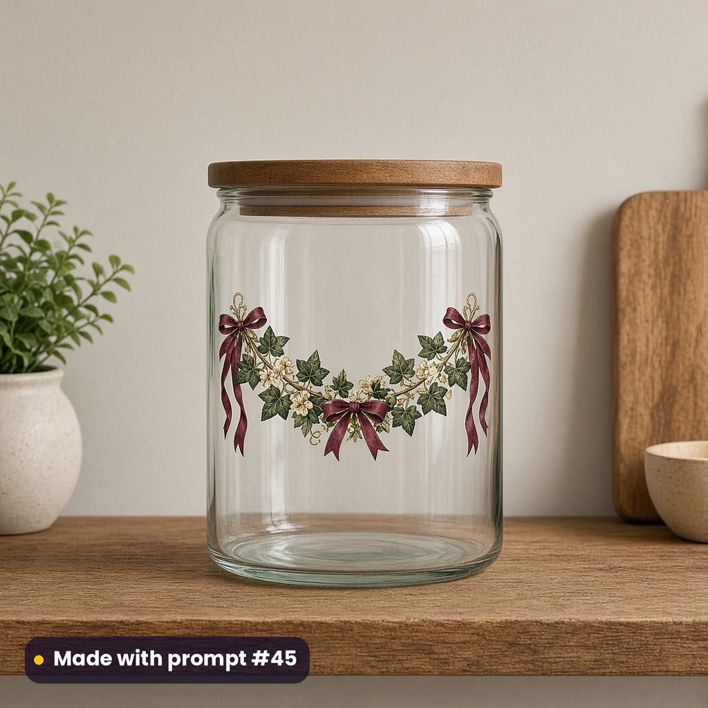 Victorian Christmas artwork on a UV DTF decal on a glass jar: ivy garland, made with prompt #45 from this pack