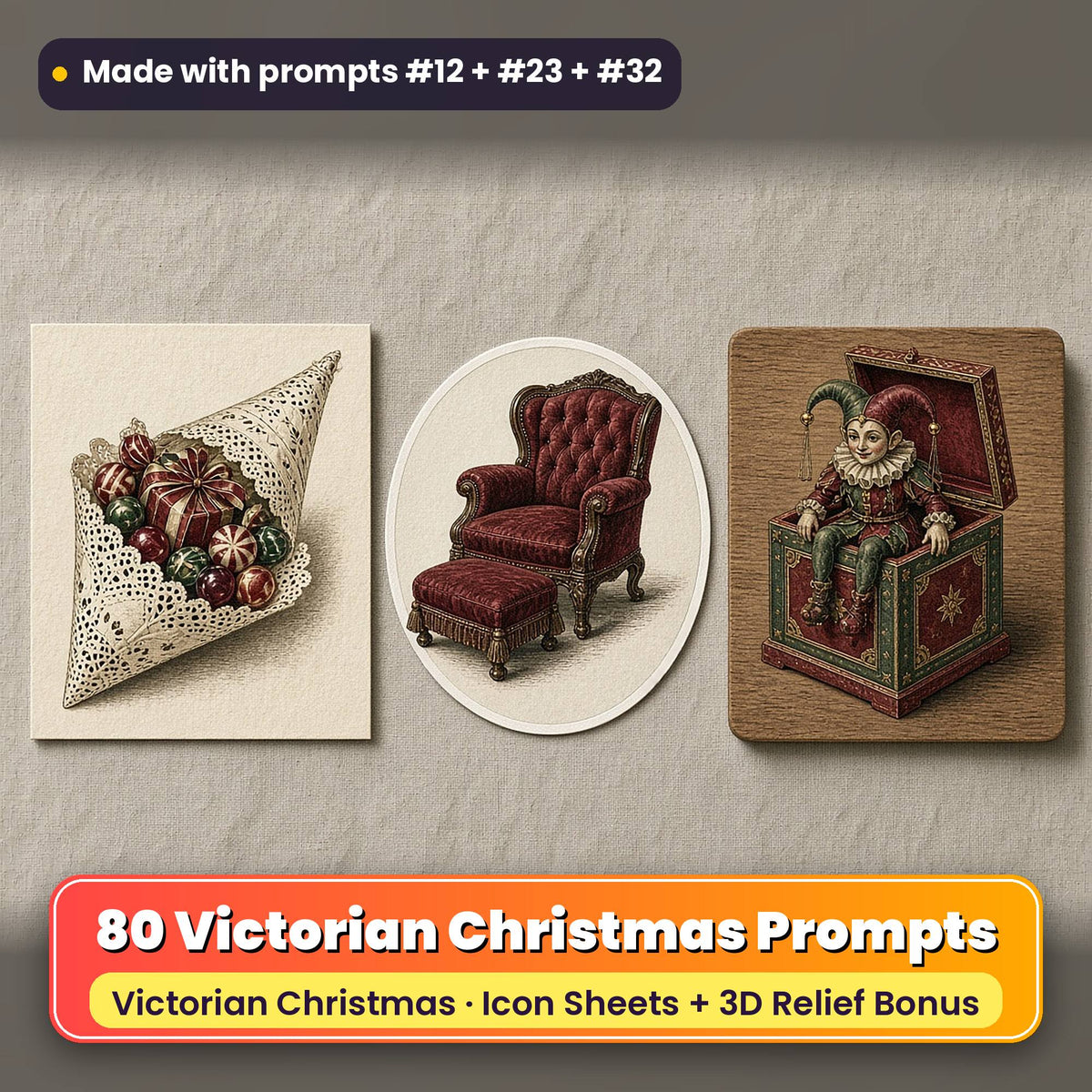 Victorian Christmas Icon Sheet Prompts: 80 prompts + 3D Relief bonus, with a printed greeting card, sticker and wooden plaque made with prompts #12, #23 and #32
