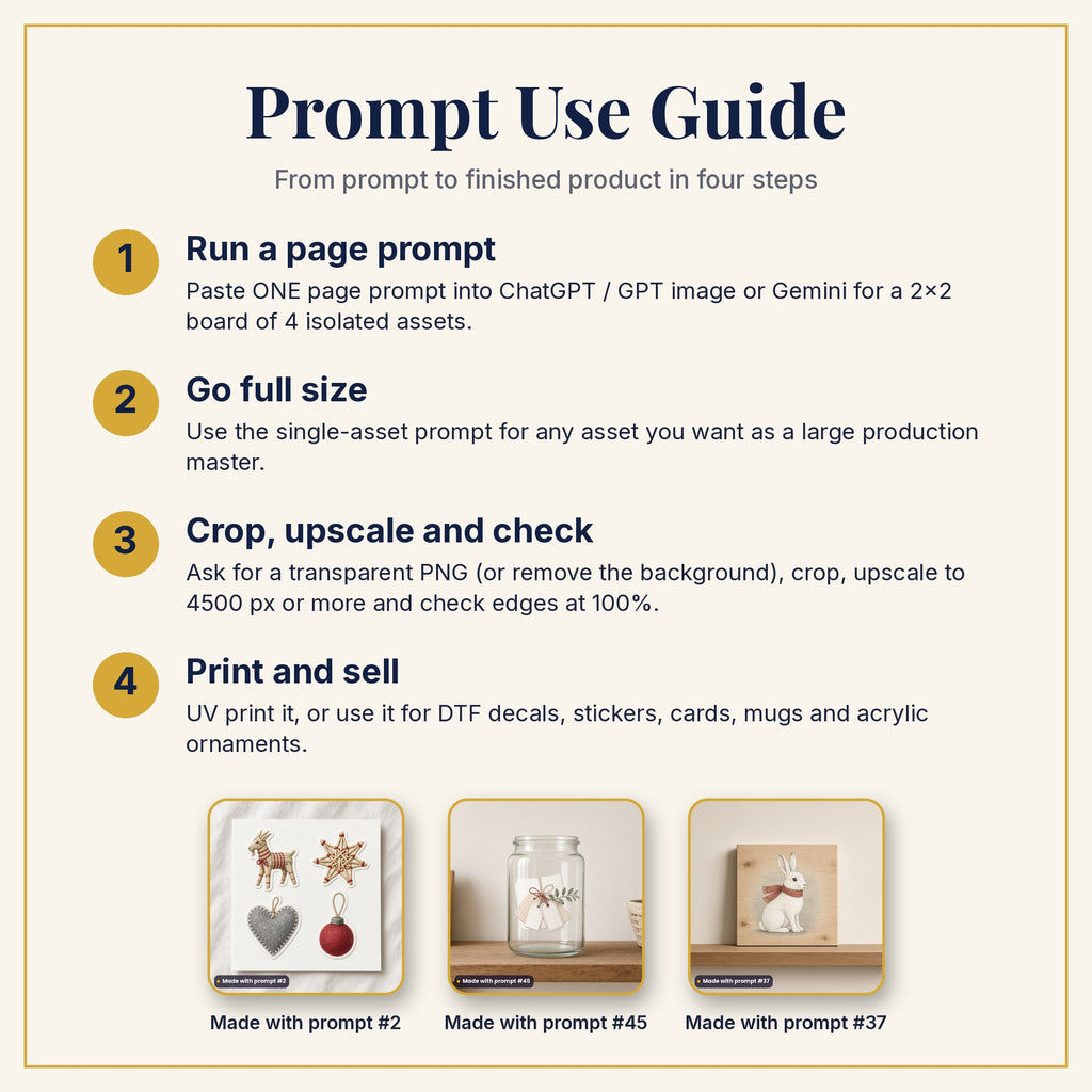 Prompt Use Guide: run a page prompt, go full size, crop and upscale, then print and sell, with products made with prompts #2, #45 and #37