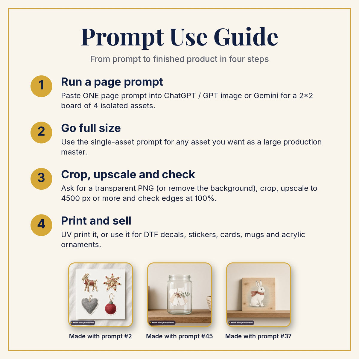 Prompt Use Guide: run a page prompt, go full size, crop and upscale, then print and sell, with products made with prompts #2, #45 and #37