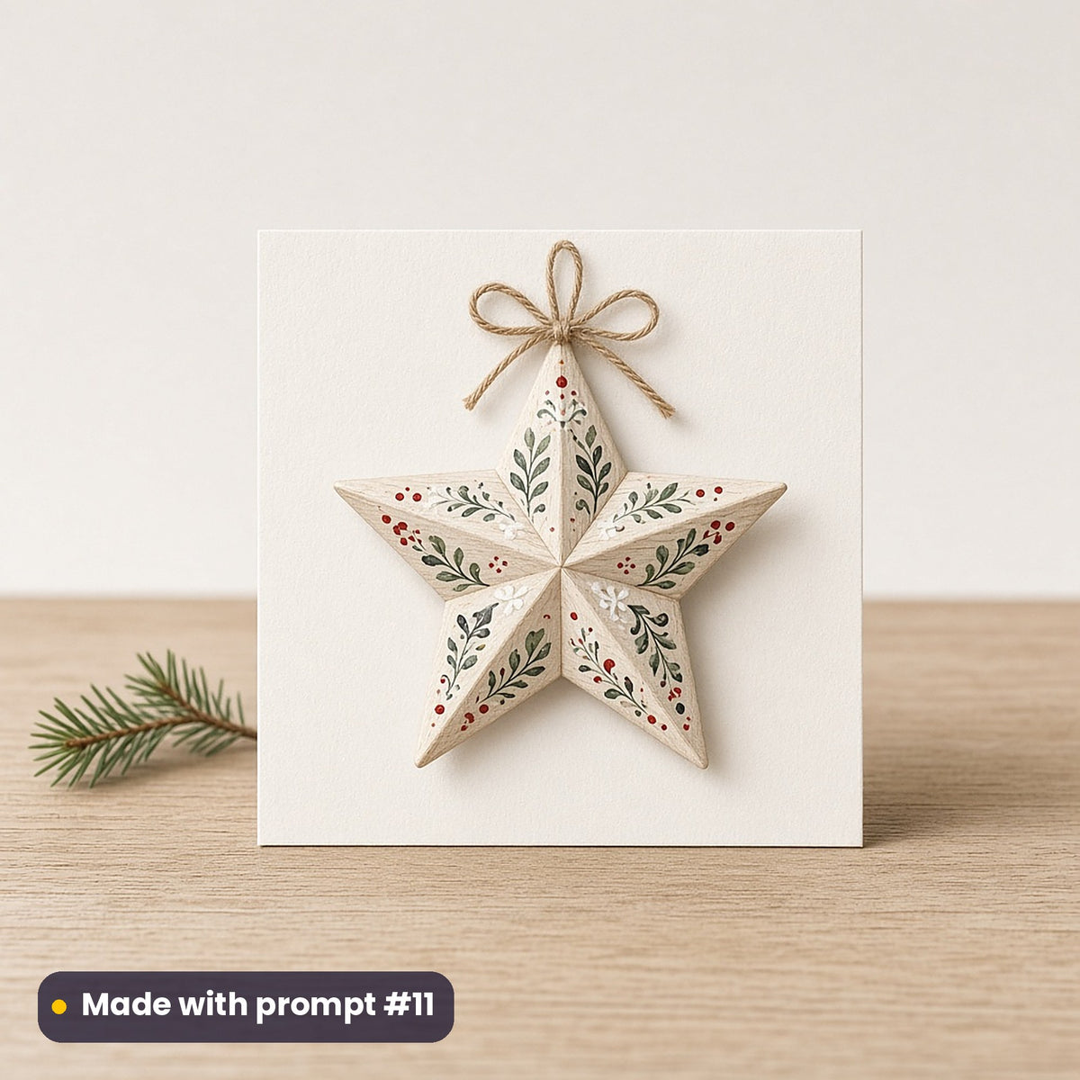 Scandi Christmas artwork on a flat-printed greeting card: wooden star, made with prompt #11 from this pack