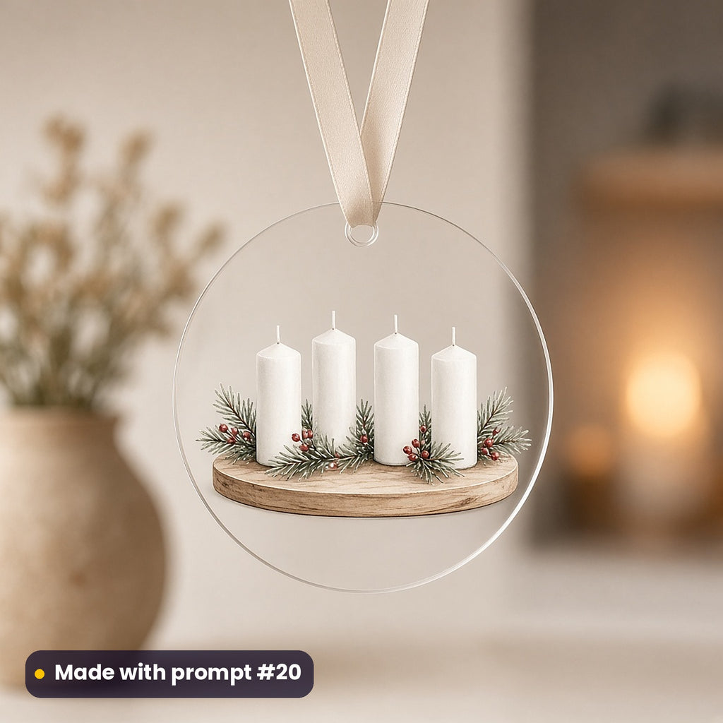 Scandi Christmas artwork on a UV-printed clear acrylic ornament: four candles on a tray, made with prompt #20 from this pack