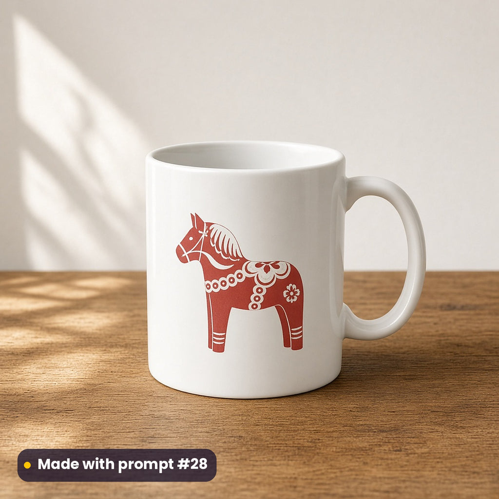 Scandi Christmas artwork on a UV-printed ceramic mug: folk horse, made with prompt #28 from this pack
