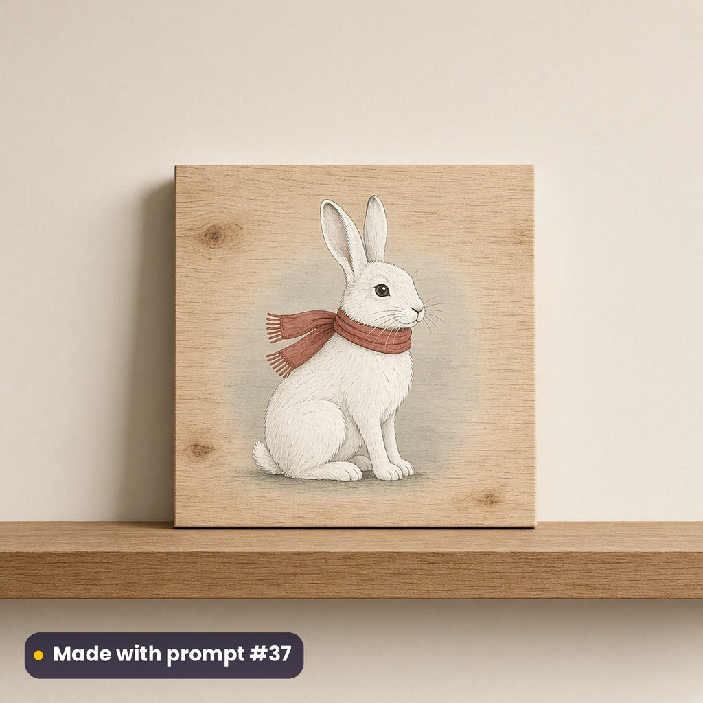 Scandi Christmas artwork on a UV-printed wooden plaque: arctic hare, made with prompt #37 from this pack
