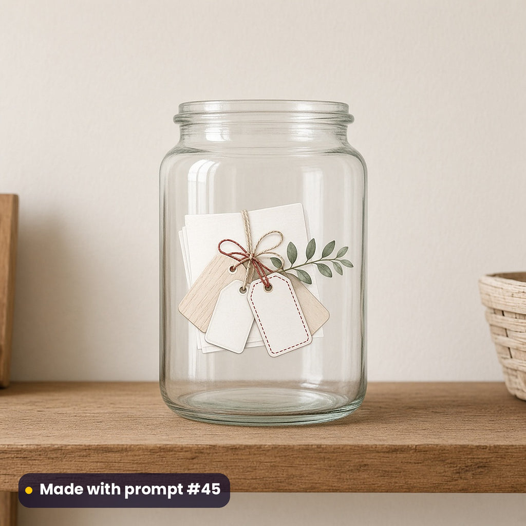 Scandi Christmas artwork on a UV DTF decal on a glass jar: wooden tag bundle, made with prompt #45 from this pack