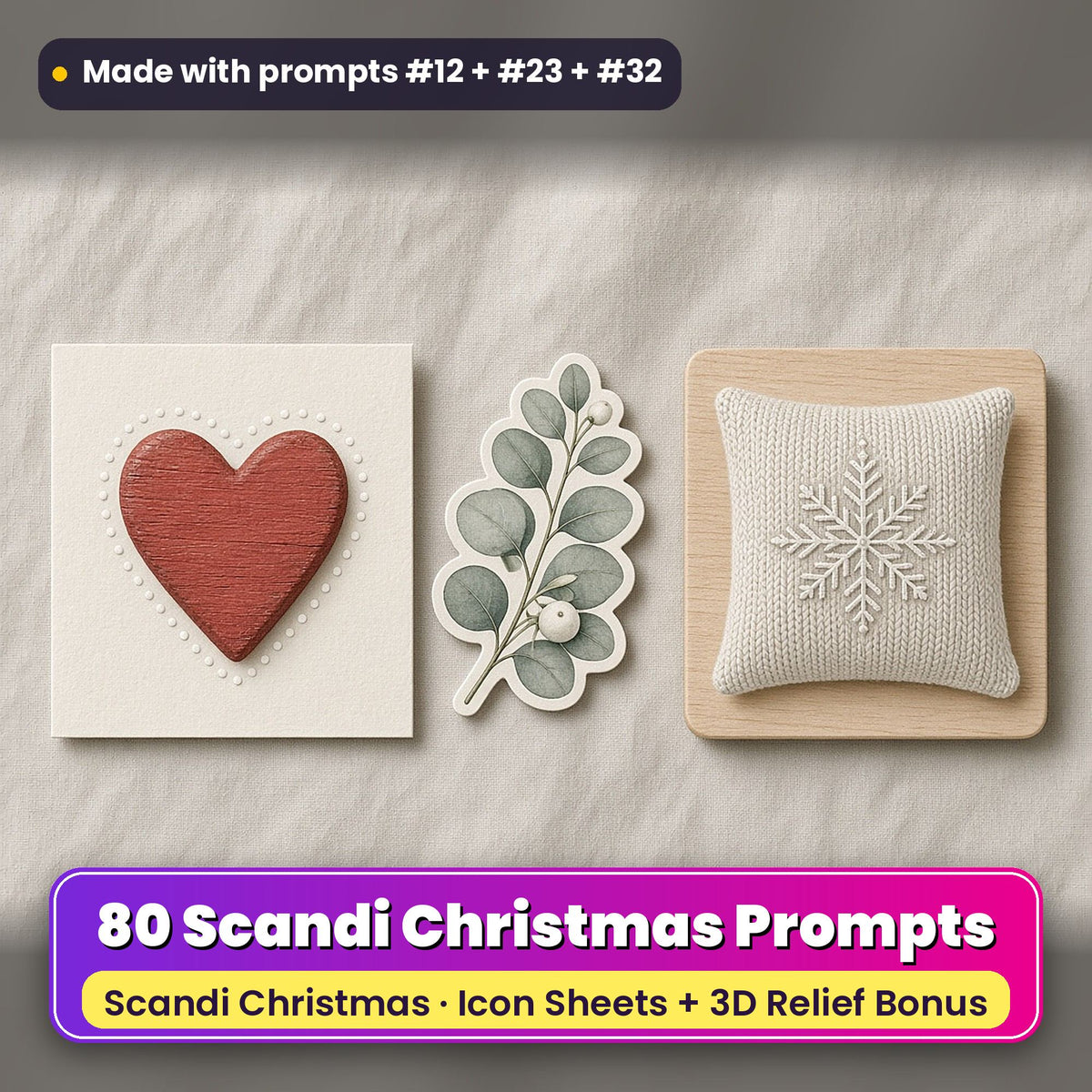Scandi Christmas Icon Sheet Prompts: 80 prompts + 3D Relief bonus, with a printed greeting card, sticker and wooden plaque made with prompts #12, #23 and #32