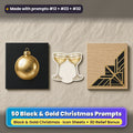 Black & Gold Christmas Icon Sheet Prompts: 50 prompts + 3D Relief bonus, with a printed greeting card, sticker and wooden plaque made with prompts #12, #23 and #32
