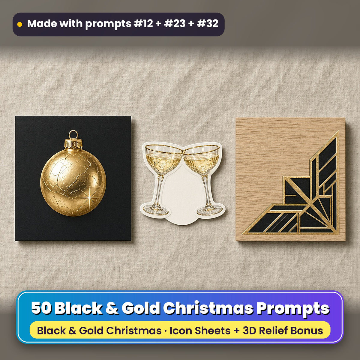 Black & Gold Christmas Icon Sheet Prompts: 50 prompts + 3D Relief bonus, with a printed greeting card, sticker and wooden plaque made with prompts #12, #23 and #32