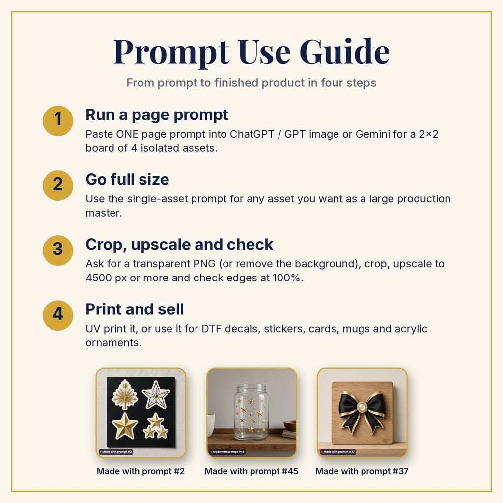 Prompt Use Guide: run a page prompt, go full size, crop and upscale, then print and sell, with products made with prompts #2, #45 and #37