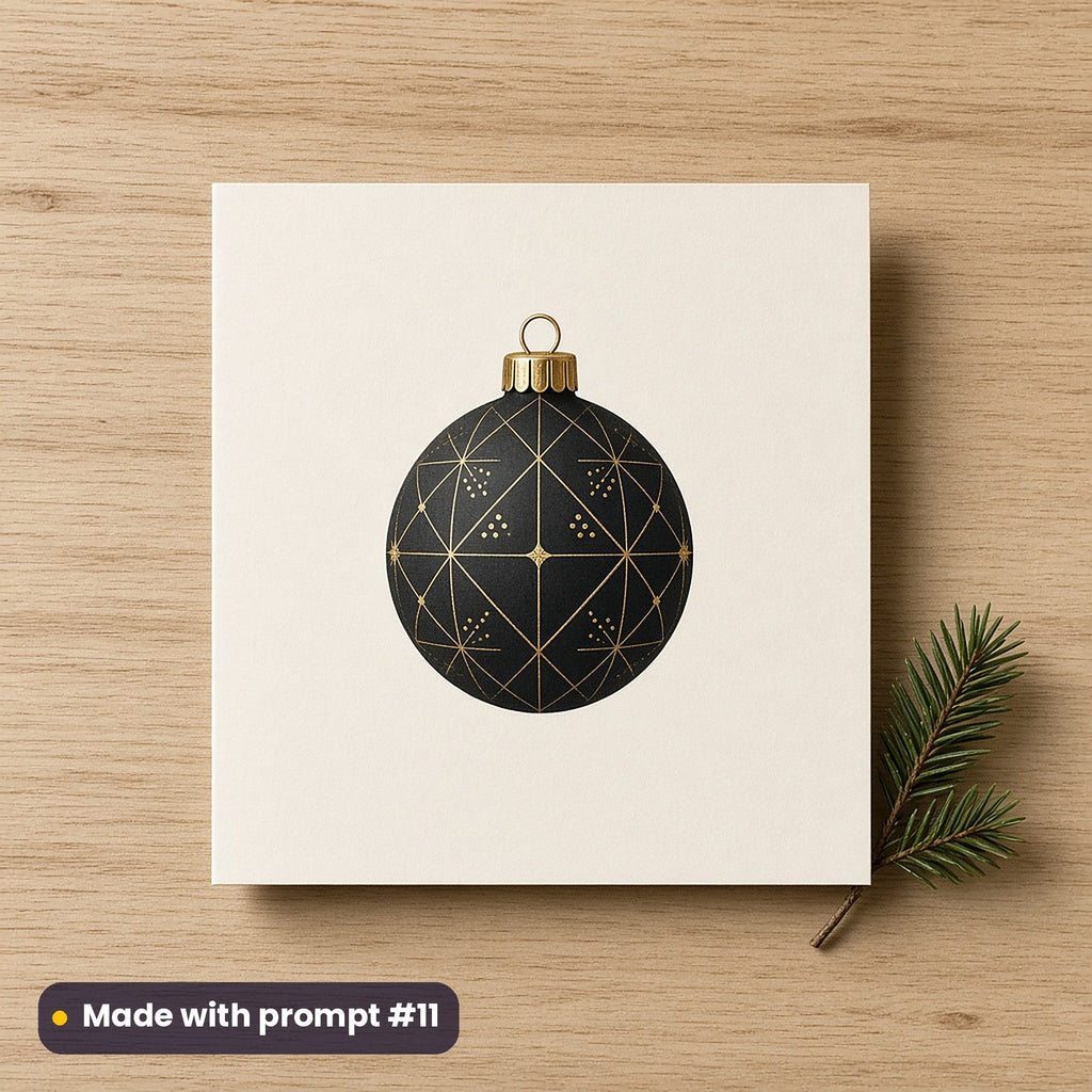 Black & Gold Christmas artwork on a flat-printed greeting card: black bauble with gold lines, made with prompt #11 from this pack