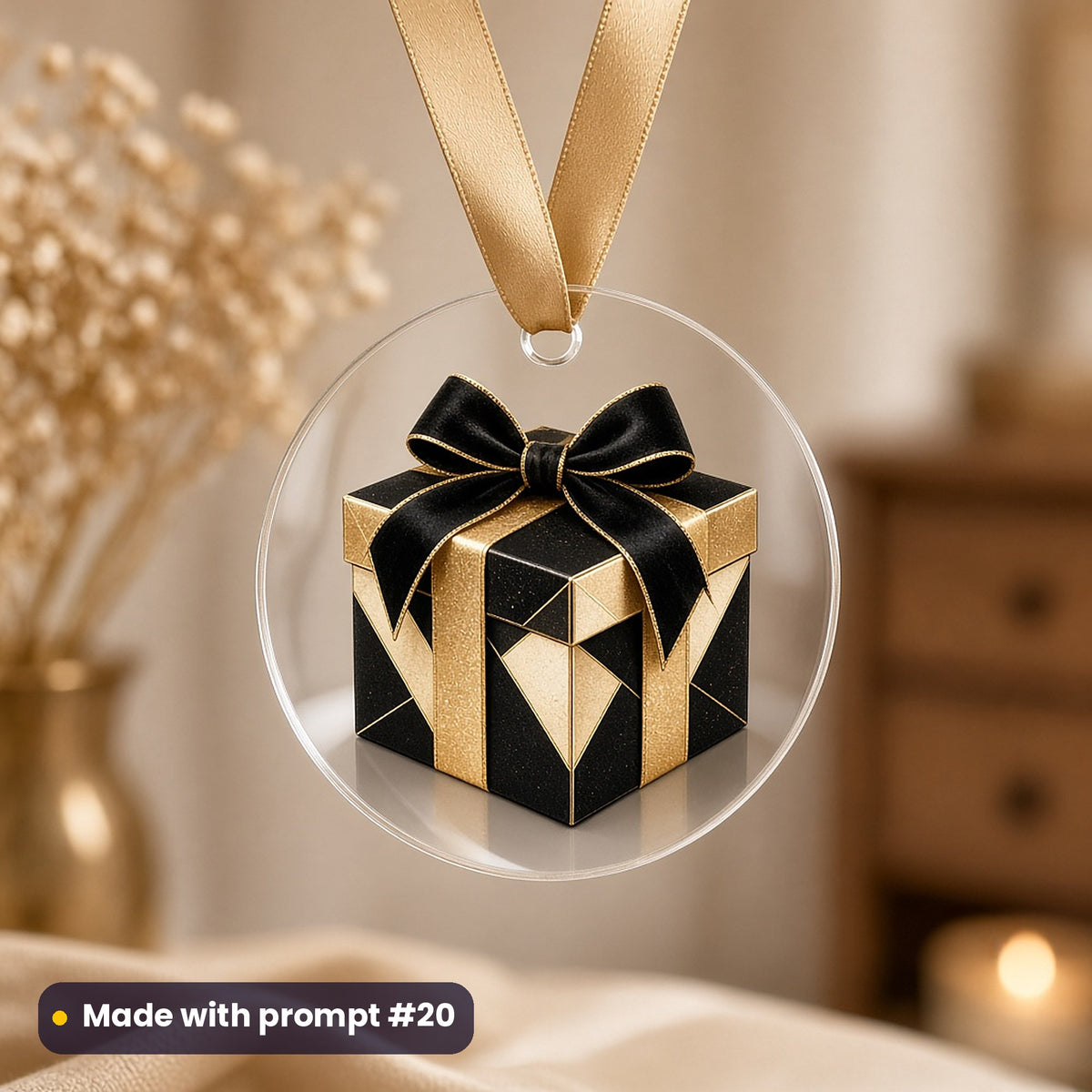 Black & Gold Christmas artwork on a UV-printed clear acrylic ornament: gold foil gift, made with prompt #20 from this pack