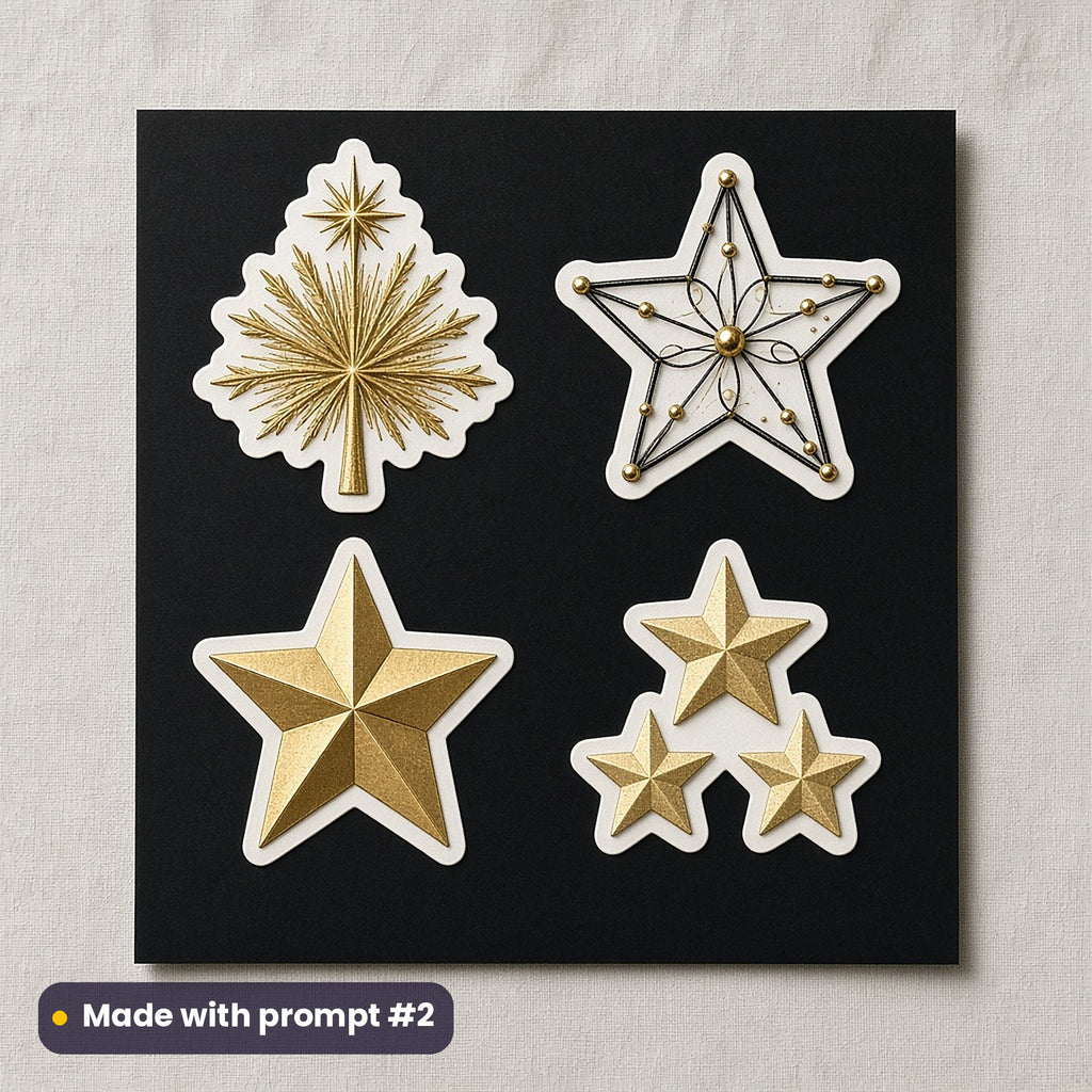 Black & Gold Christmas artwork on a die-cut vinyl sticker sheet: a sheet of four assets from page p02: stars and toppers, made with prompt #2 from this pack