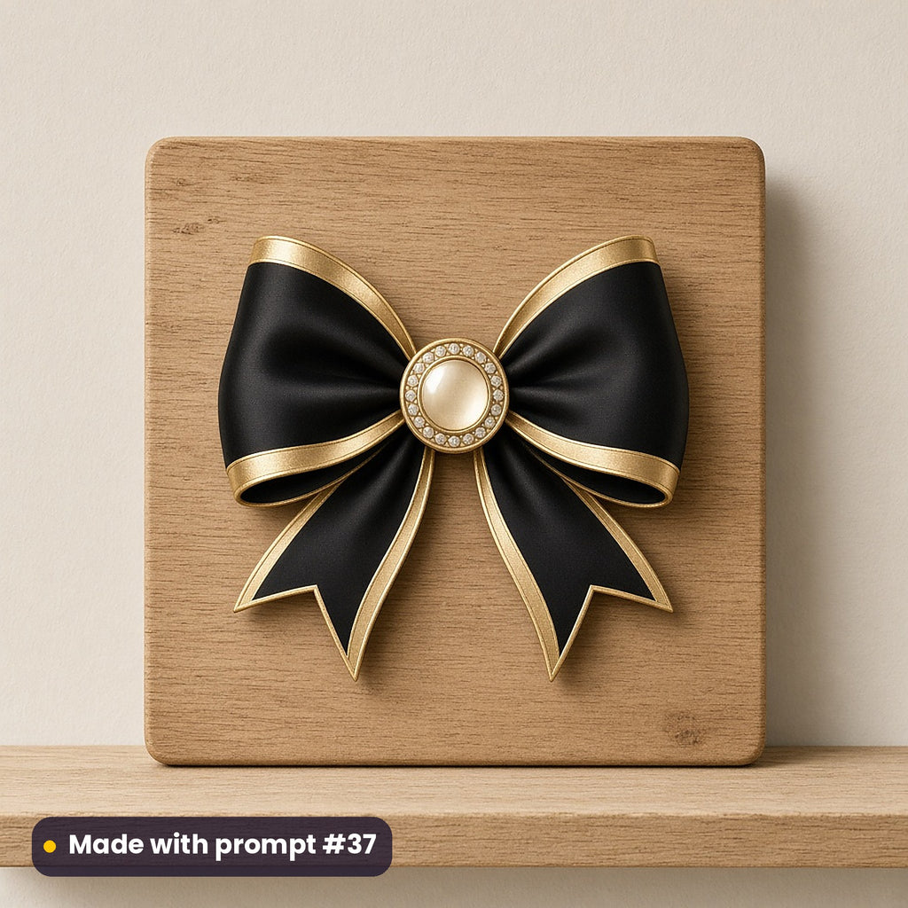 Black & Gold Christmas artwork on a UV-printed wooden plaque: gold bow brooch, made with prompt #37 from this pack